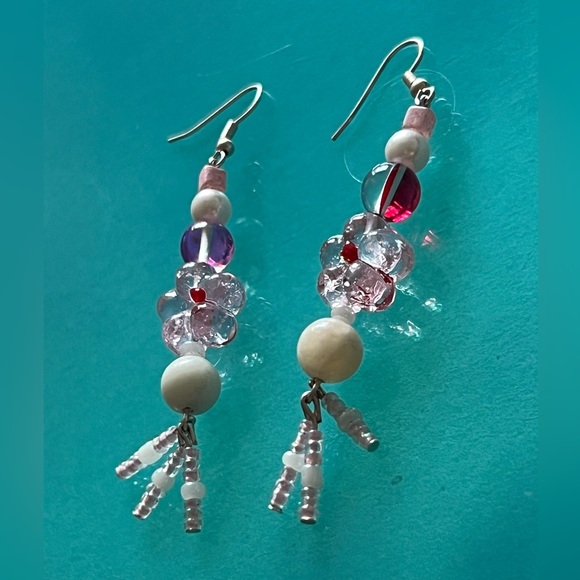 GIRLY HIPPIE - Pink White Silver - handmade natural amazonite hook earrings - Picture 8 of 11